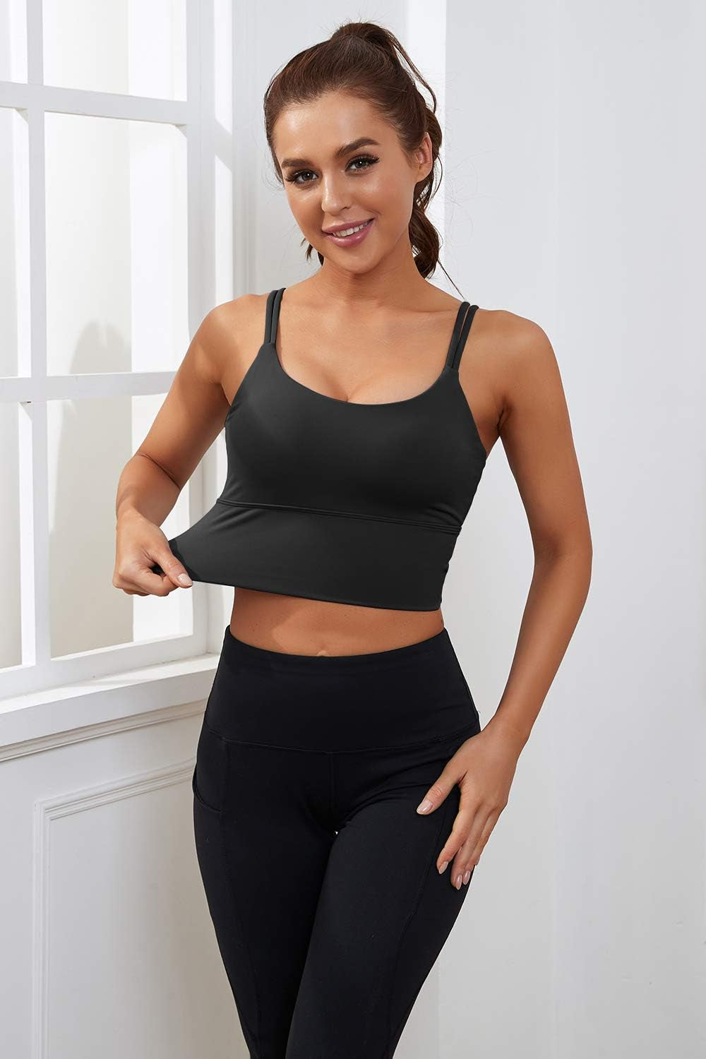 Womens Longline Sports Bra Padded Yoga Workout Crop Tank Tops Strappy Camisole Fitness Shirts