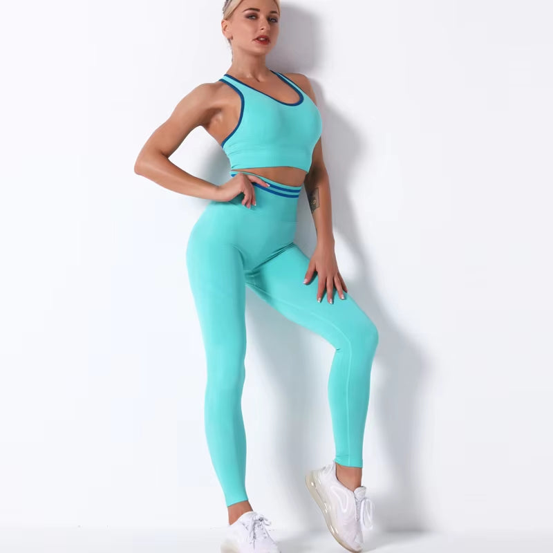 Women'S New Sports Bra Workout Clothes Set Knitted Seamless Sexy Hip-Lifting Fitness Yoga Pants Gym Training Running Leggings