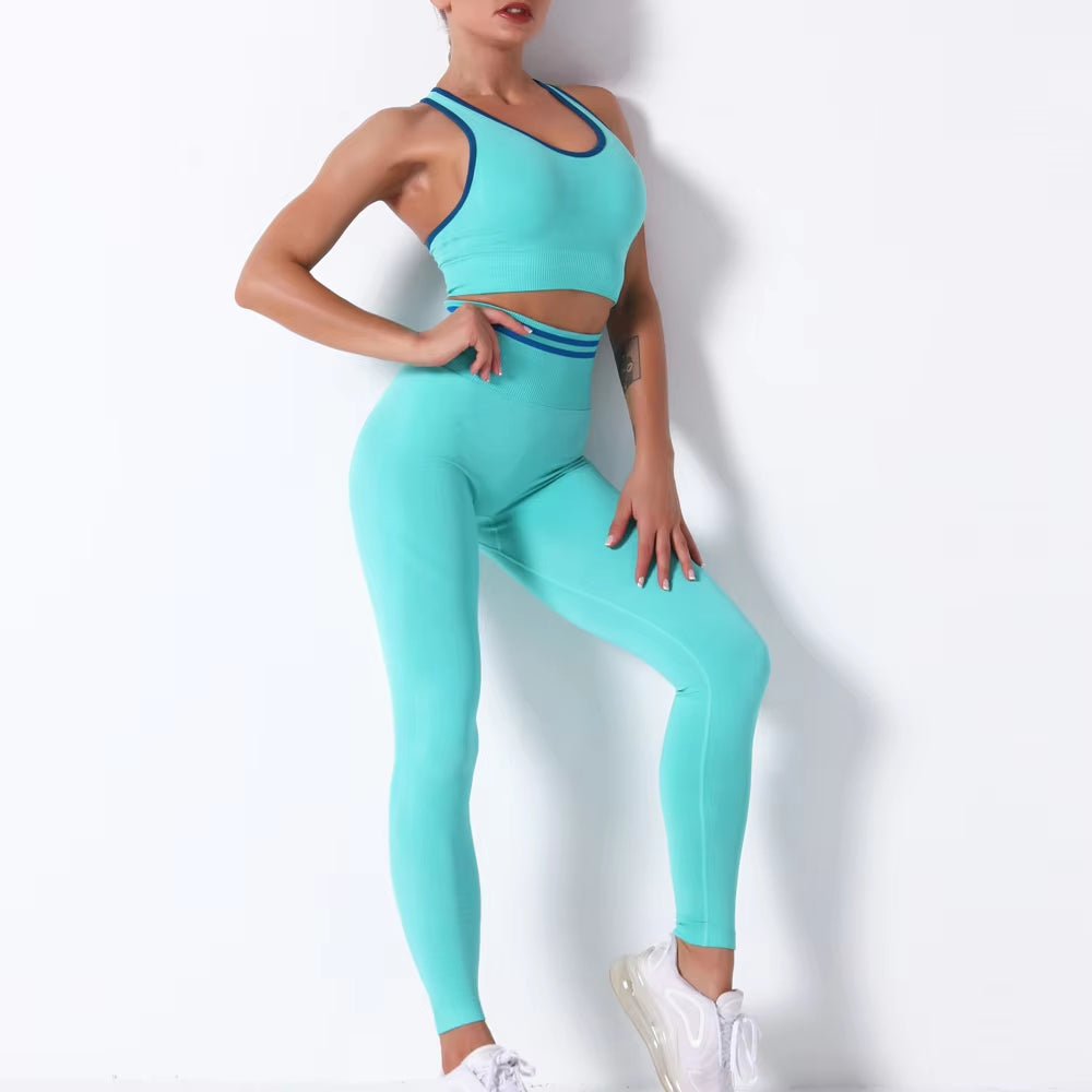 Women'S New Sports Bra Workout Clothes Set Knitted Seamless Sexy Hip-Lifting Fitness Yoga Pants Gym Training Running Leggings