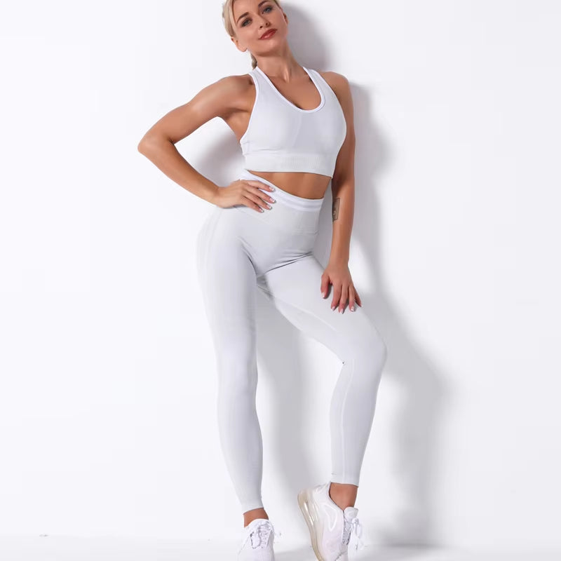 Women'S New Sports Bra Workout Clothes Set Knitted Seamless Sexy Hip-Lifting Fitness Yoga Pants Gym Training Running Leggings