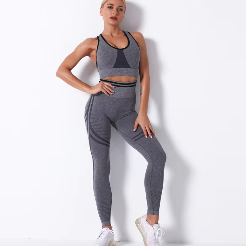 Women'S New Sports Bra Workout Clothes Set Knitted Seamless Sexy Hip-Lifting Fitness Yoga Pants Gym Training Running Leggings